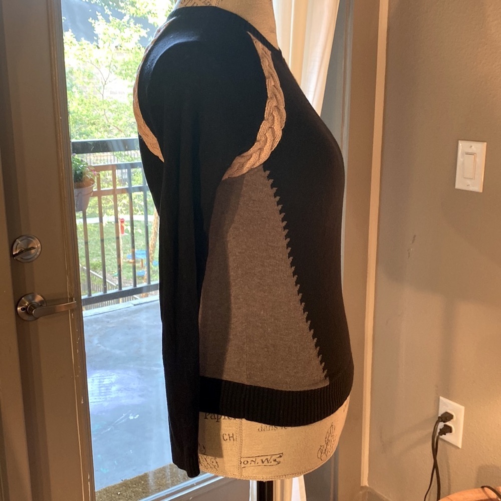SI-IAE cableknit trim sweater shirt longsleeve black tan & gray cashmere top XS‌ - Picture 2 of 7